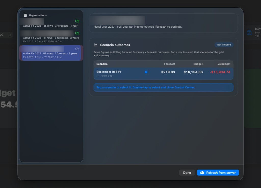 Environment Control Center showing organizations and scenario outcomes