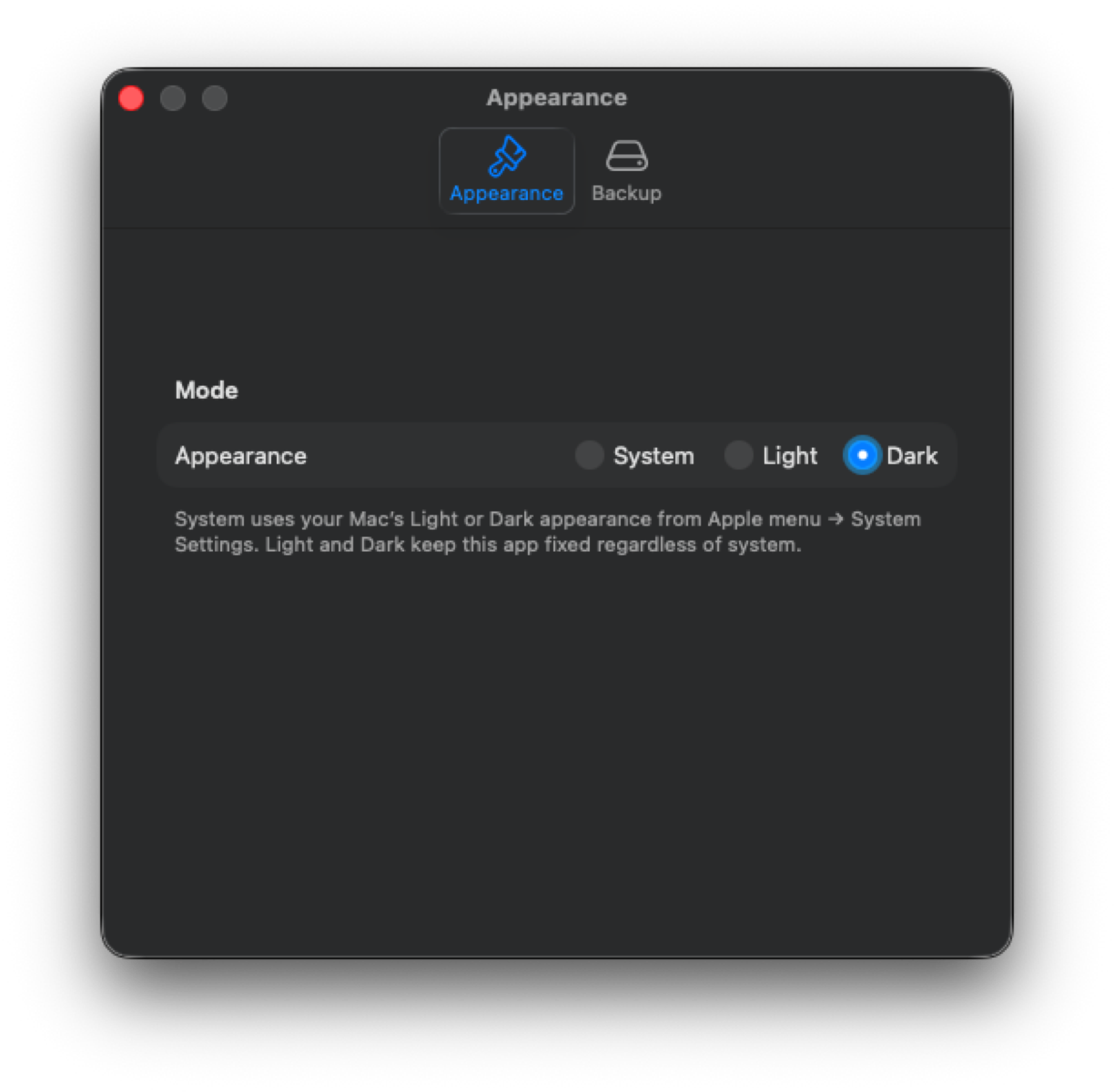 Settings Appearance tab