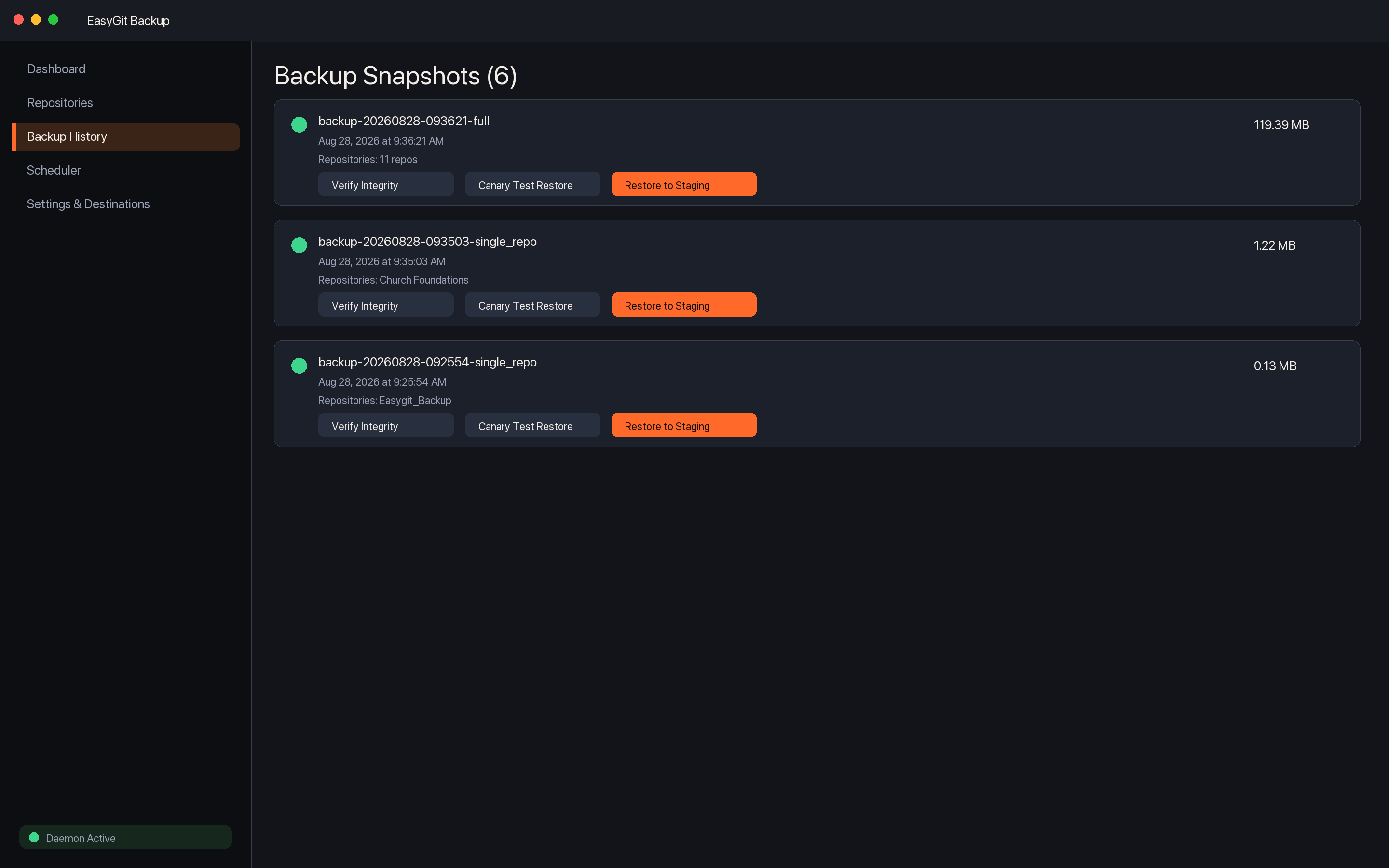 Backup History view
